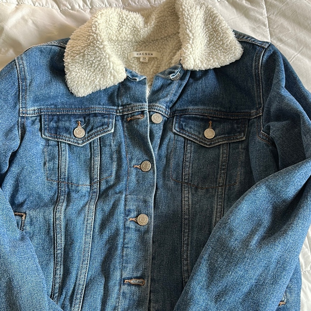 PacSun Blue and White Jean Jacket with Sherpa Collar